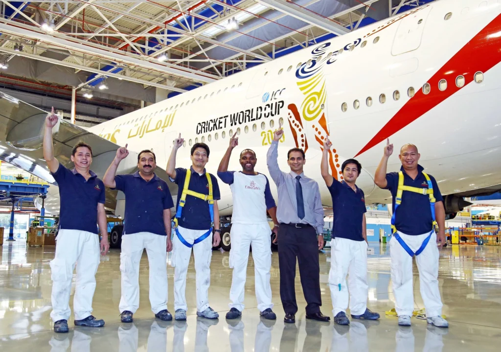 Emirates aircraft in maintenance hangar